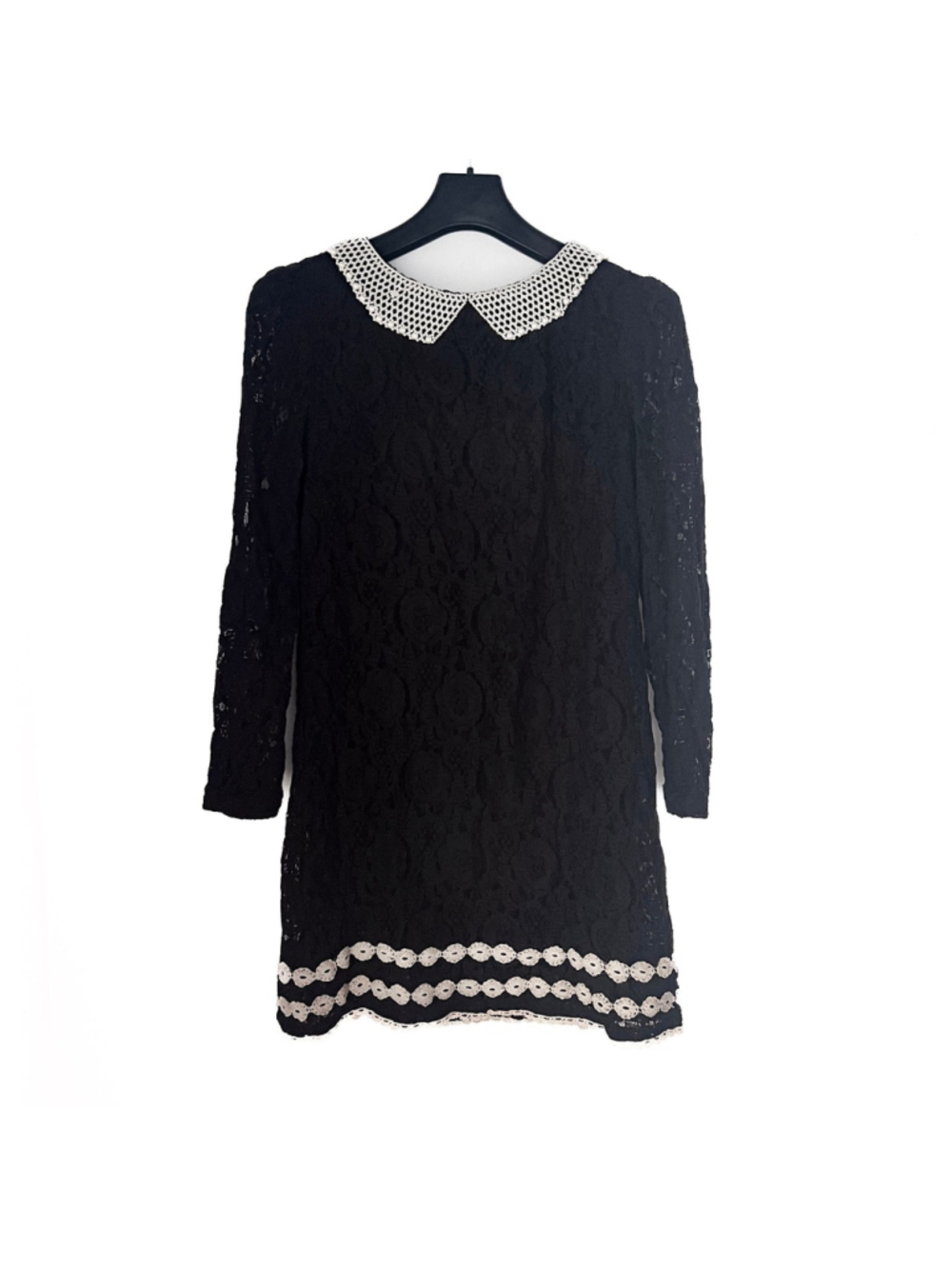 French VTG RENE DERHY Black Lace Long Sleeve Mini Dress Pearl Collar Crochet L